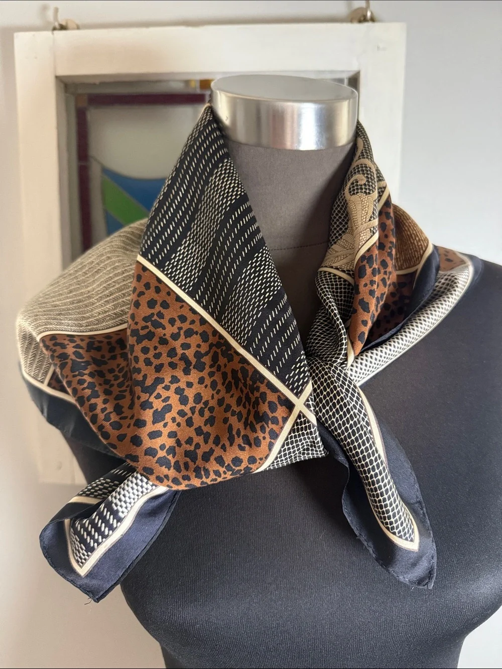 Talbots 100% Silk Patchwork Square Scarf - Leopard, Floral & Netting Print